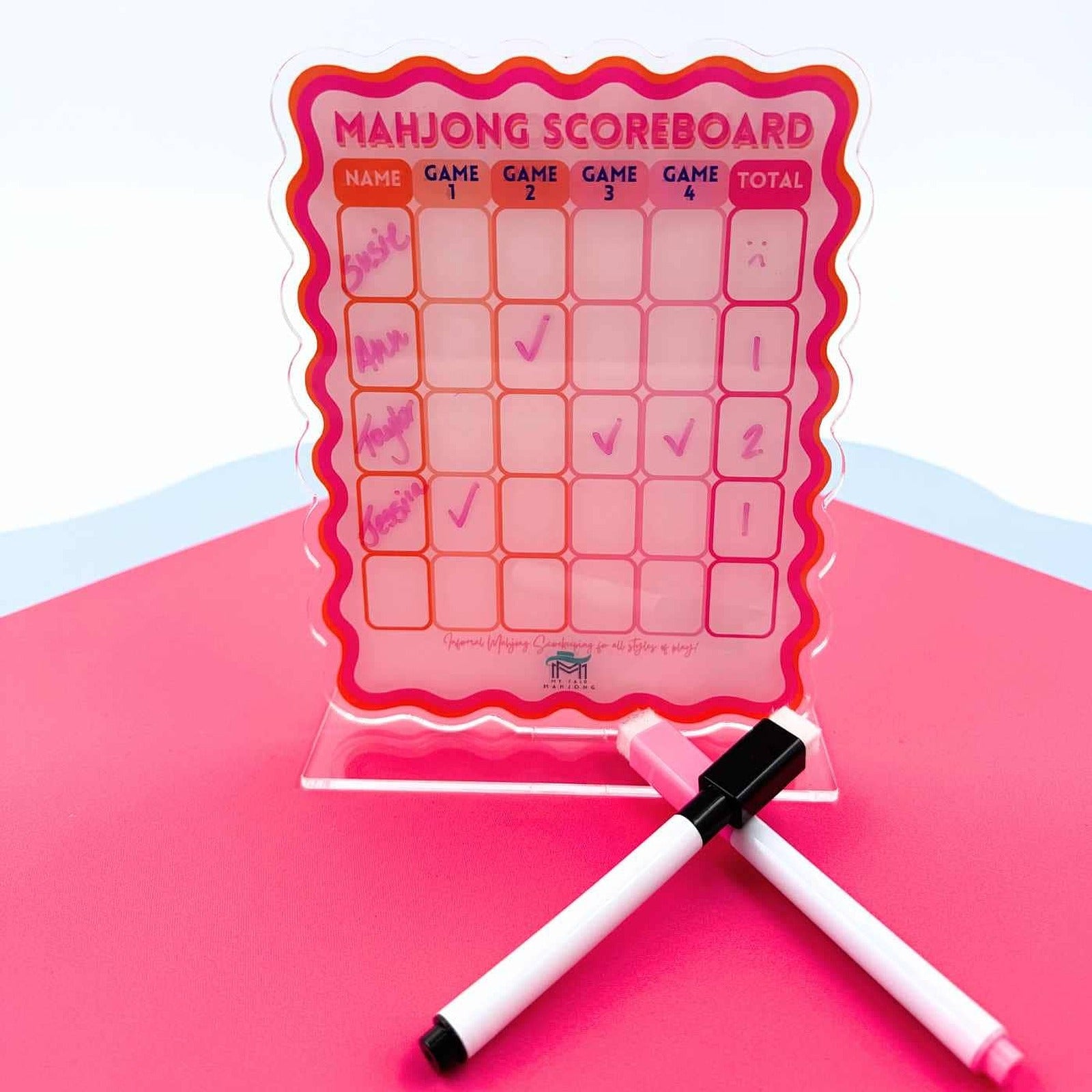 Mahjong Scoreboard | Scalloped Dry Erase Board with Stand & Markers: Blue/Green