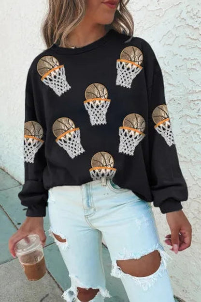 Black Basketball Crew Neck Graphic Sweatshirt