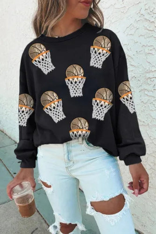 Black Basketball Crew Neck Graphic Sweatshirt