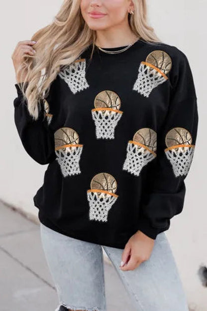 Black Basketball Crew Neck Graphic Sweatshirt