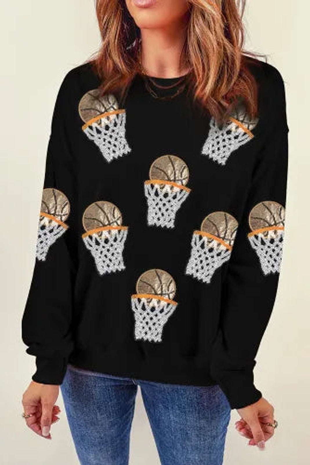 Black Basketball Crew Neck Graphic Sweatshirt