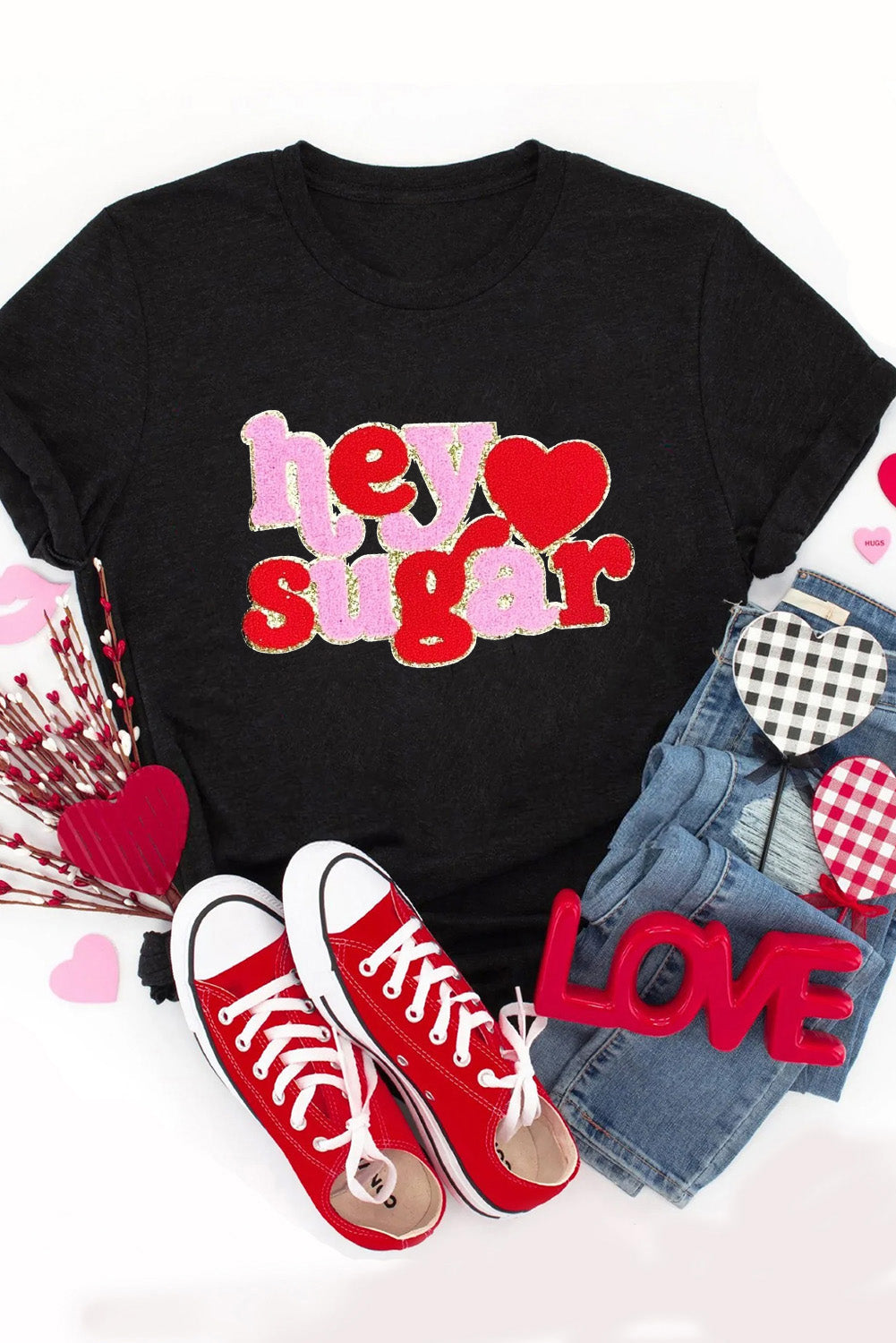 Black Chenille Heart Valentines Tee