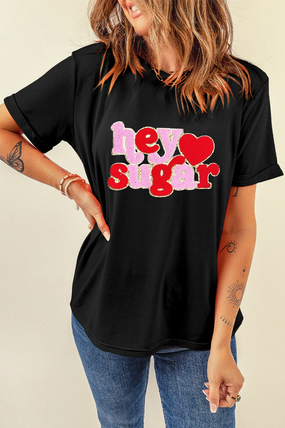 Black Chenille Heart Valentines Tee