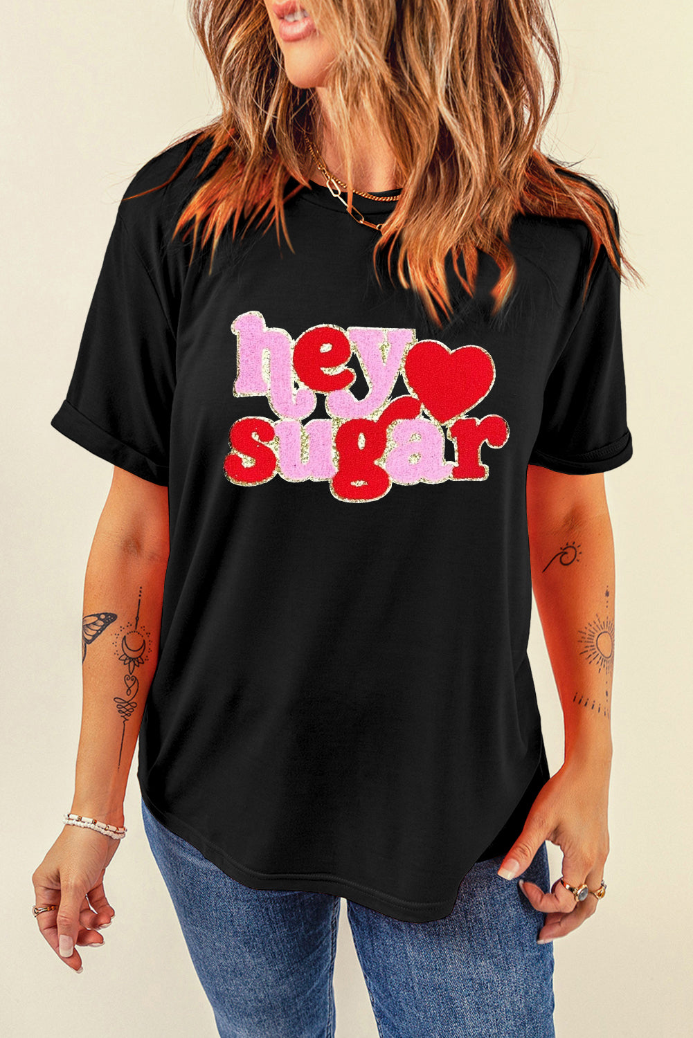 Black Chenille Heart Valentines Tee