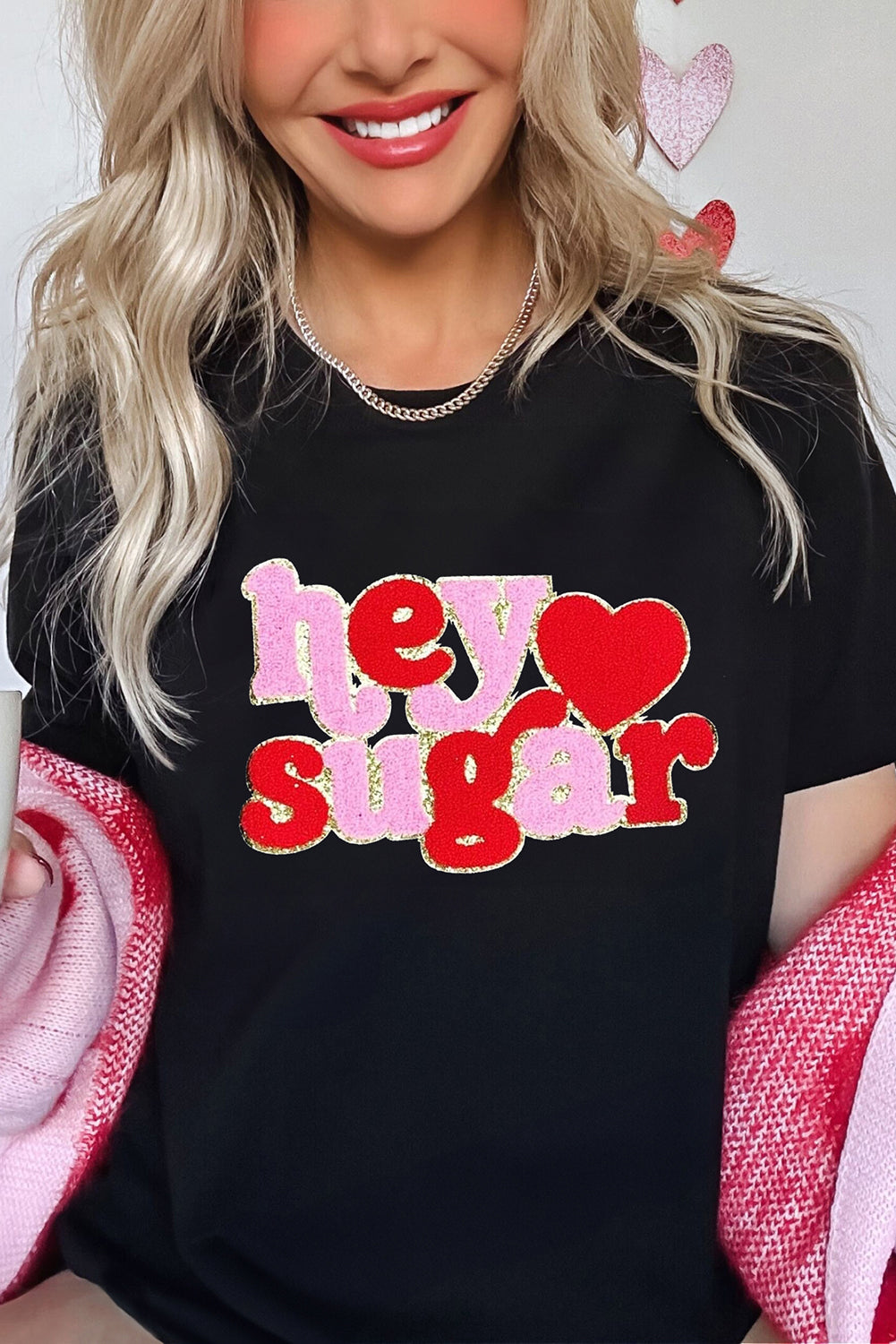 Black Chenille Heart Valentines Tee