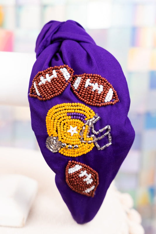 Fall Means Football Purple and Yellow Seed Bead Knotted Headband