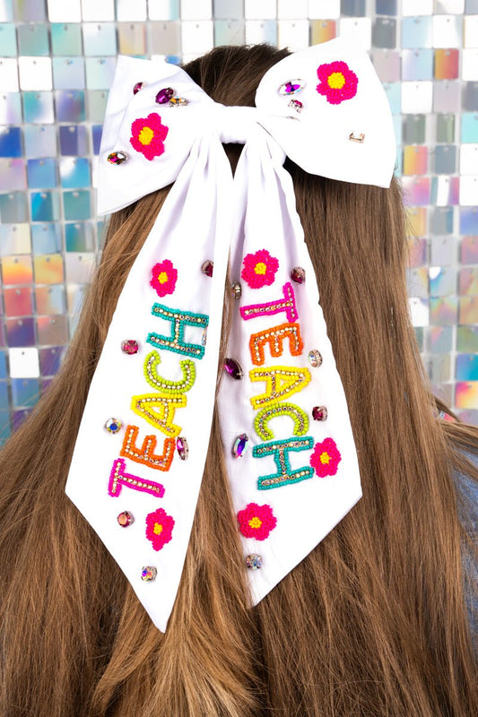 Colorful 'Teach' White Hair Bow Barrette